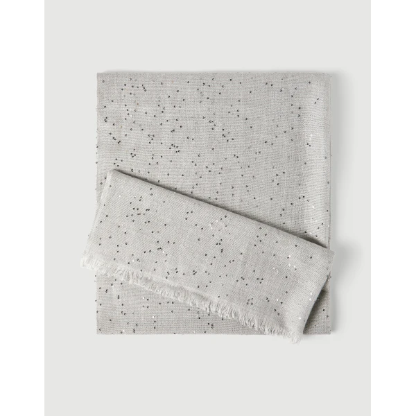 Brunello Cucinelli Cashmere and silk Diamond yarn scarf in Light Grey, view 2 | Scarves | Coveti