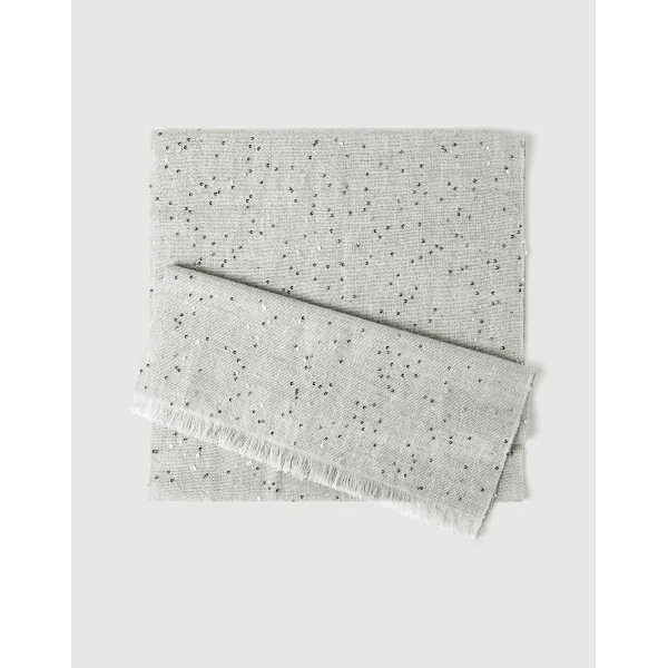 Brunello Cucinelli Cashmere and silk Diamond yarn scarf in Light Grey, view 2 | Scarves | Coveti