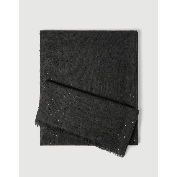 Brunello Cucinelli Cashmere and silk Diamond yarn scarf in Lignite Grey, view 2 | Scarves | Coveti