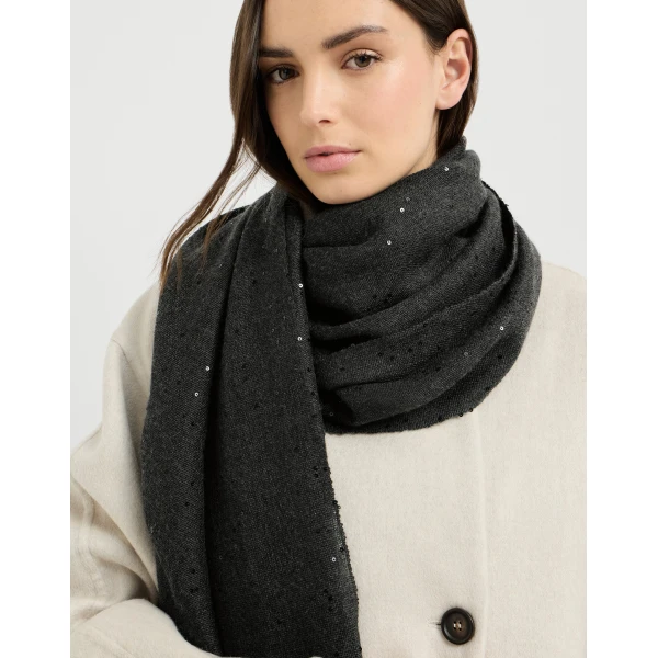 Brunello Cucinelli Cashmere and silk Diamond yarn scarf in Lignite Grey, view 4 | Scarves | Coveti