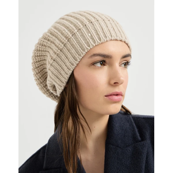 Brunello Cucinelli Cashmere and silk beanie in Beige, view 3 | Hats | Coveti