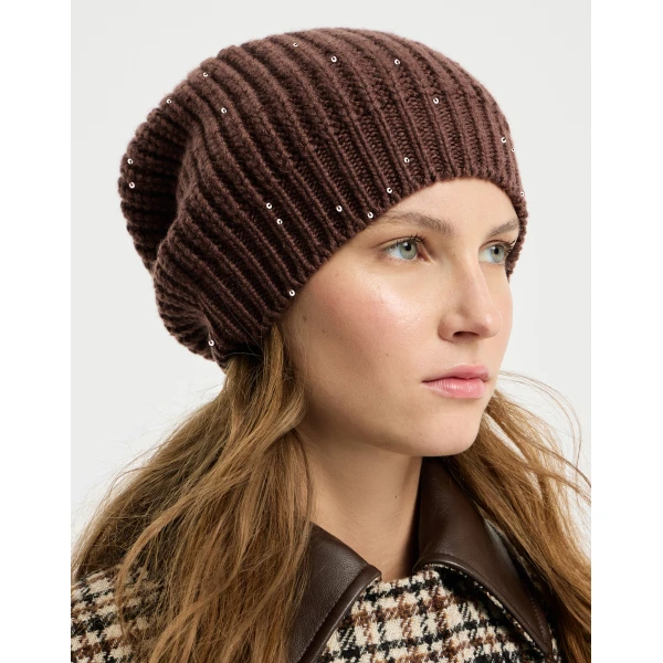 Brunello Cucinelli Cashmere and silk beanie in Brown, view 3 | Hats | Coveti