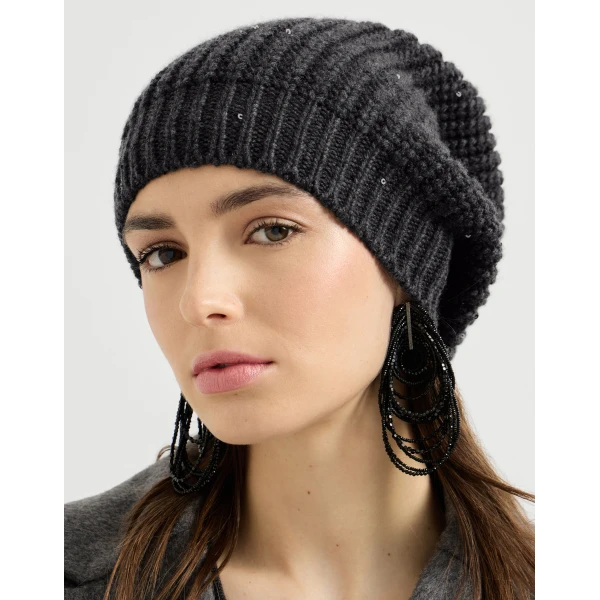 Brunello Cucinelli Cashmere and silk beanie in Lignite Grey, view 3 | Hats | Coveti