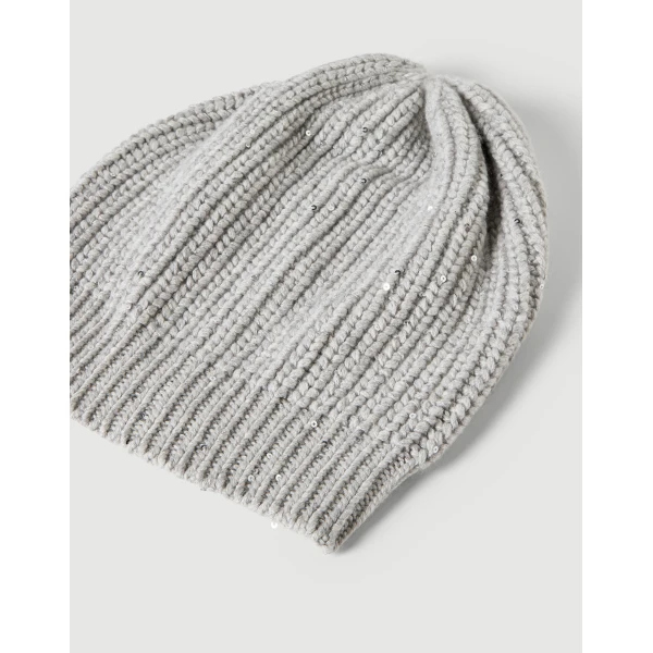 Brunello Cucinelli Cashmere and silk beanie in Pebble, view 2 | Hats | Coveti