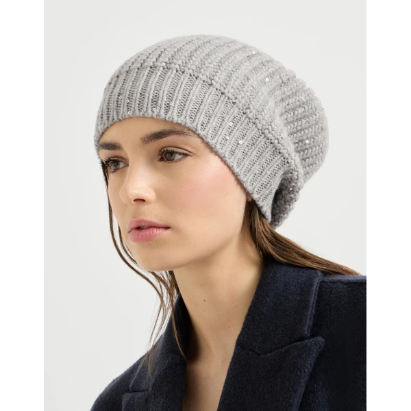 Brunello Cucinelli Cashmere and silk beanie in Pebble, view 3 | Hats | Coveti