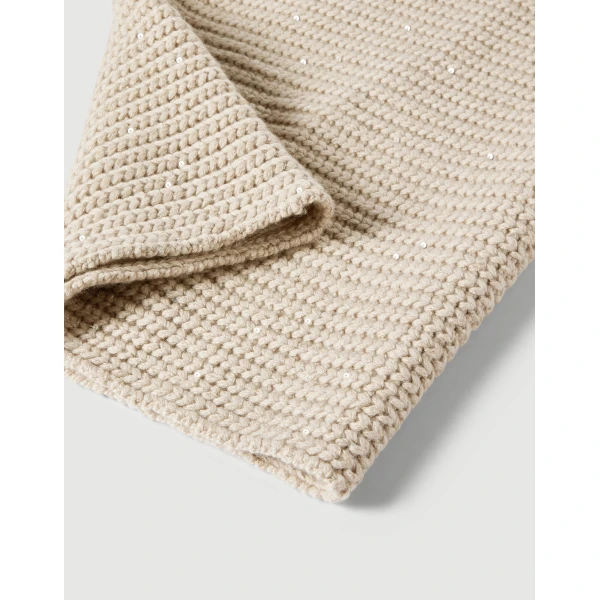 Brunello Cucinelli Cashmere and silk rib knit neck warmer in Beige, view 2 | Scarves | Coveti