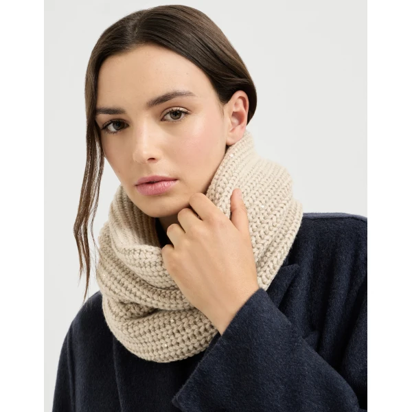 Brunello Cucinelli Cashmere and silk rib knit neck warmer in Beige, view 3 | Scarves | Coveti