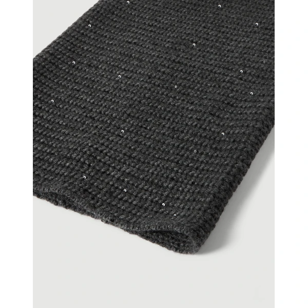 Brunello Cucinelli Cashmere and silk rib knit neck warmer in Lignite Grey, view 2 | Scarves | Coveti
