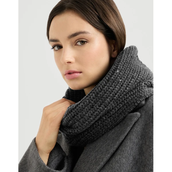 Brunello Cucinelli Cashmere and silk rib knit neck warmer in Lignite Grey, view 3 | Scarves | Coveti