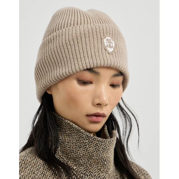 Brunello Cucinelli Cashmere beanie with logo in Sand, view 3 | Hats | Coveti
