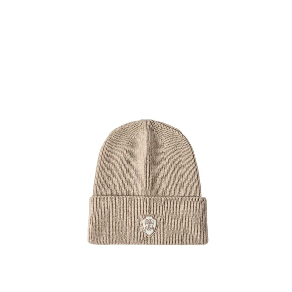 Brunello Cucinelli Cashmere beanie with logo in Sand | Hats | Coveti