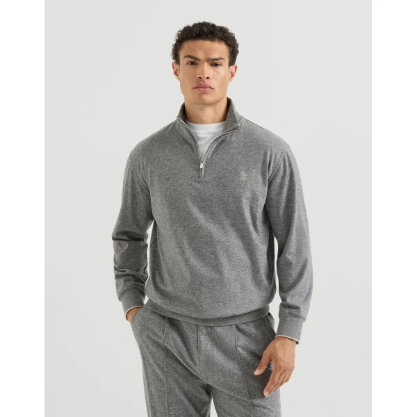 Brunello Cucinelli Cashmere jersey sweater in Stone Grey, view 2 | Knitwear | Coveti