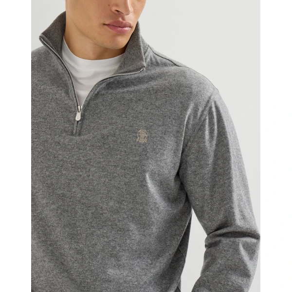 Brunello Cucinelli Cashmere jersey sweater in Stone Grey, view 4 | Knitwear | Coveti