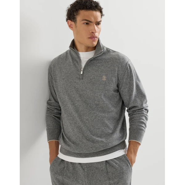 Brunello Cucinelli Cashmere jersey sweater in Stone Grey, view 5 | Knitwear | Coveti