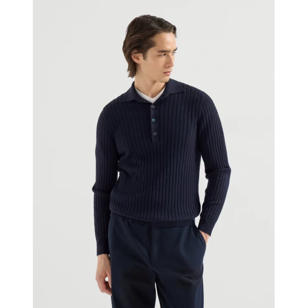 Brunello Cucinelli Cashmere knit polo shirt in Navy Blue, view 2 | Knitwear | Coveti