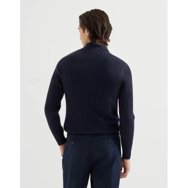 Brunello Cucinelli Cashmere knit polo shirt in Navy Blue, view 3 | Knitwear | Coveti