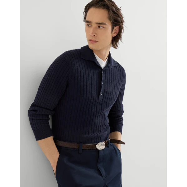 Brunello Cucinelli Cashmere knit polo shirt in Navy Blue, view 5 | Knitwear | Coveti