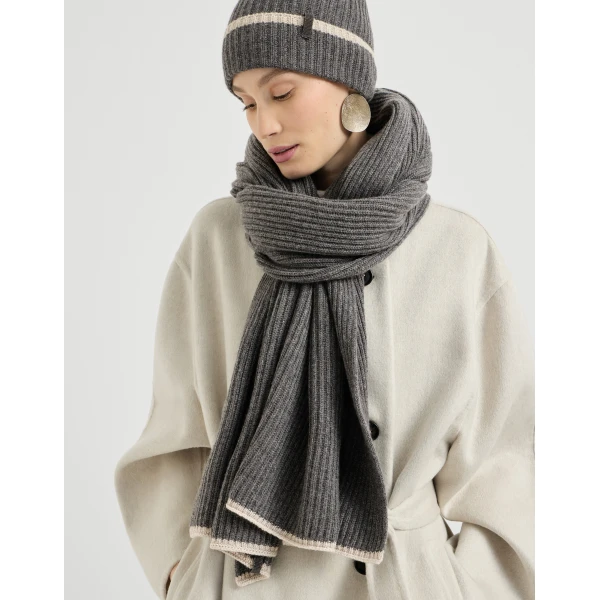 Brunello Cucinelli Cashmere knit scarf in Lead, view 4 | Scarves | Coveti