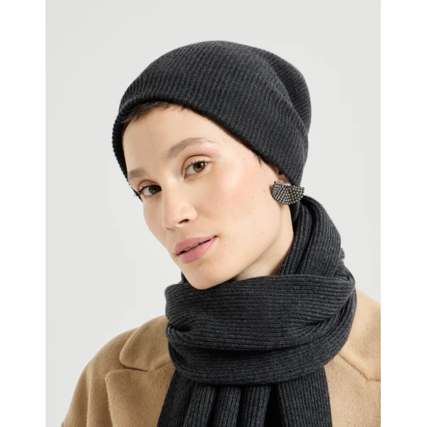 Brunello Cucinelli Cashmere rib knit beanie in Lignite Grey, view 3 | Hats | Coveti
