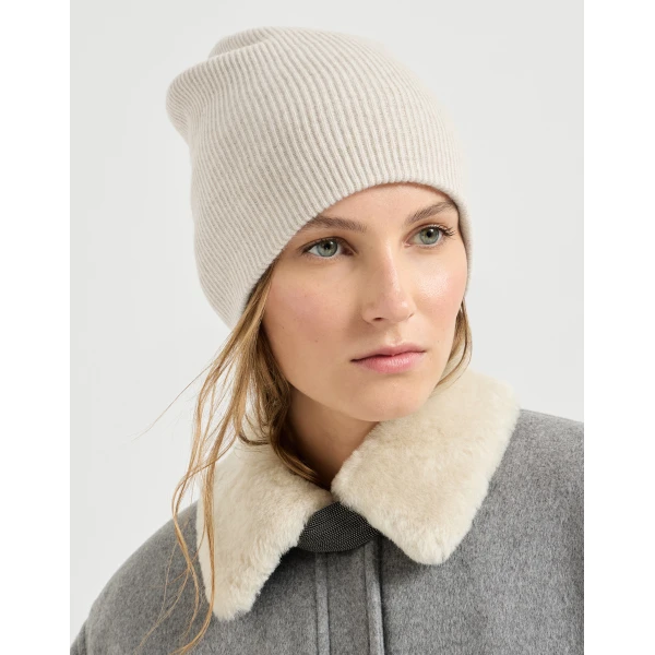 Brunello Cucinelli Cashmere rib knit beanie in Oyster, view 3 | Hats | Coveti