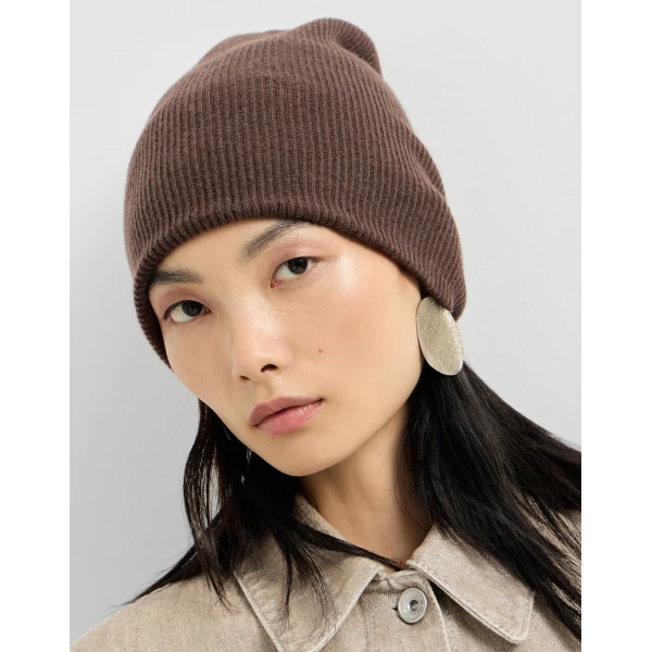 Brunello Cucinelli Cashmere rib knit beanie in Pine Cone Brown, view 3 | Hats | Coveti