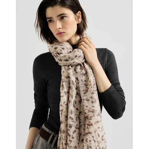 Brunello Cucinelli Cashmere scarf Lynx Print in Beige, view 4 | Scarves | Coveti