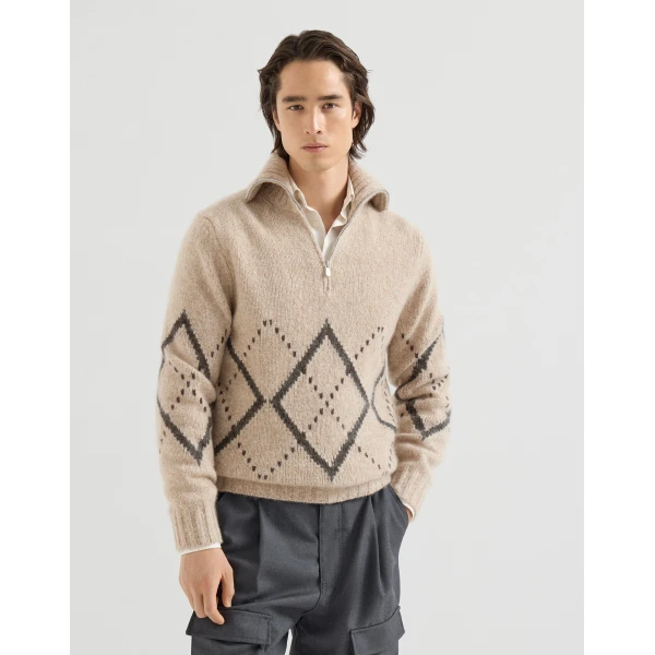Brunello Cucinelli Cashmere sweater with half zip in Light Brown, view 2 | Knitwear | Coveti