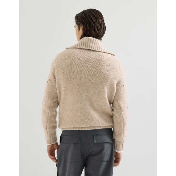 Brunello Cucinelli Cashmere sweater with half zip in Light Brown, view 3 | Knitwear | Coveti