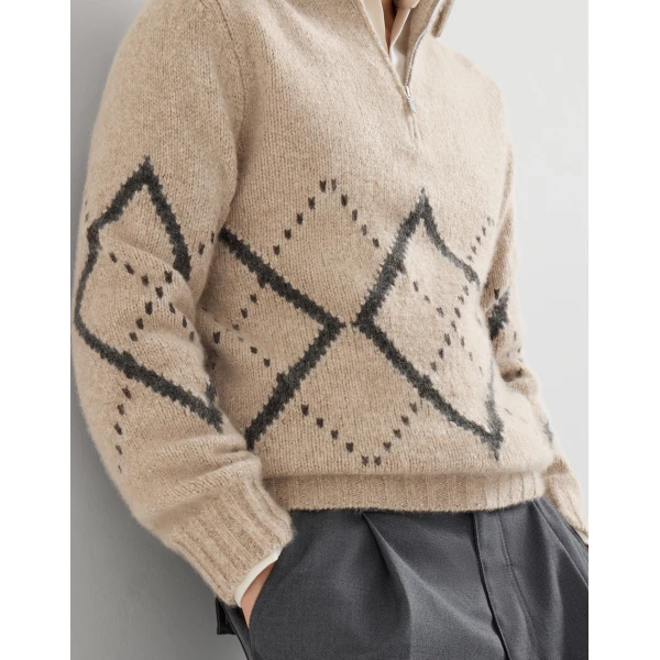 Brunello Cucinelli Cashmere sweater with half zip in Light Brown, view 4 | Knitwear | Coveti