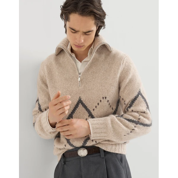 Brunello Cucinelli Cashmere sweater with half zip in Light Brown, view 5 | Knitwear | Coveti