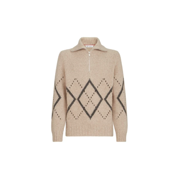 Cashmere sweater with half zip in Light Brown