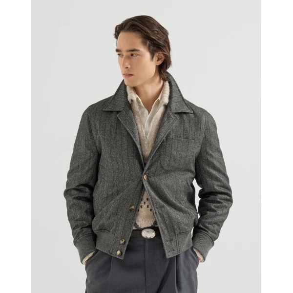 Brunello Cucinelli Chalk stripe chevron outerwear jacket in Anthracite, view 2 | Jackets | Coveti