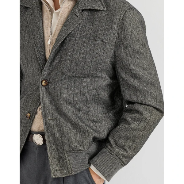 Brunello Cucinelli Chalk stripe chevron outerwear jacket in Anthracite, view 4 | Jackets | Coveti