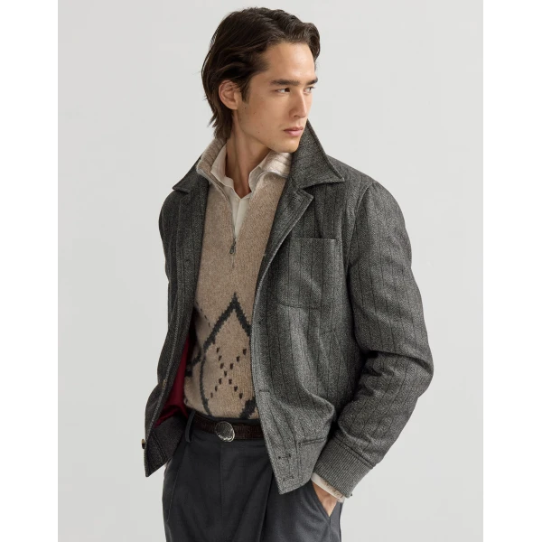 Brunello Cucinelli Chalk stripe chevron outerwear jacket in Anthracite, view 5 | Jackets | Coveti