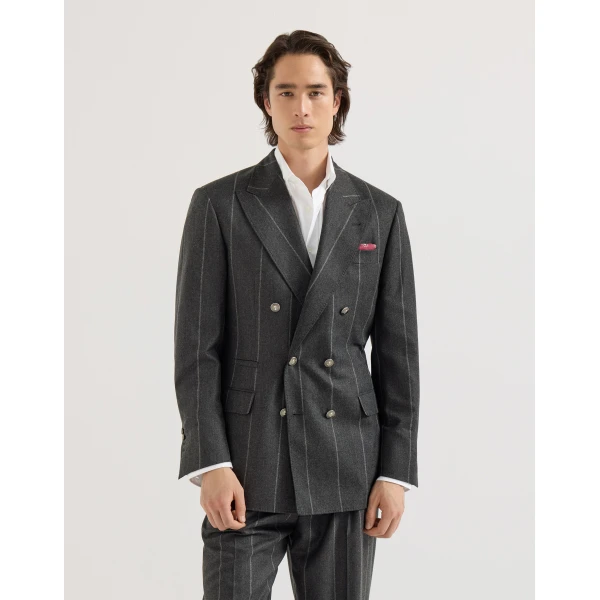 Brunello Cucinelli Chalk stripe flannel Tailor blazer in Dark Grey, view 2 | Blazers | Coveti