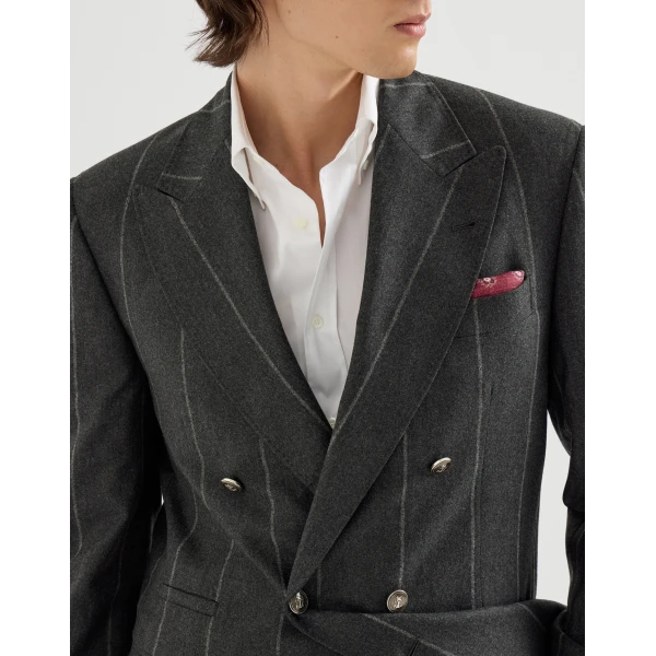 Brunello Cucinelli Chalk stripe flannel Tailor blazer in Dark Grey, view 4 | Blazers | Coveti