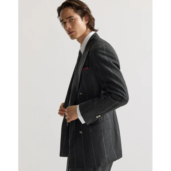 Brunello Cucinelli Chalk stripe flannel Tailor blazer in Dark Grey, view 5 | Blazers | Coveti