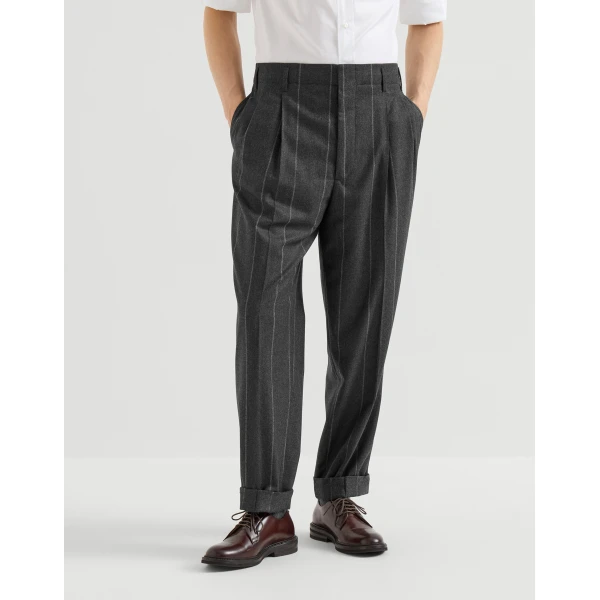 Brunello Cucinelli Chalk stripe flannel trousers in Dark Grey, view 2 | Pants | Coveti