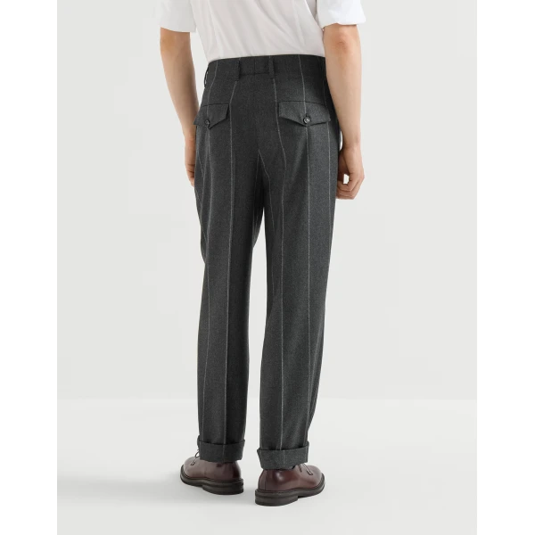 Brunello Cucinelli Chalk stripe flannel trousers in Dark Grey, view 3 | Pants | Coveti