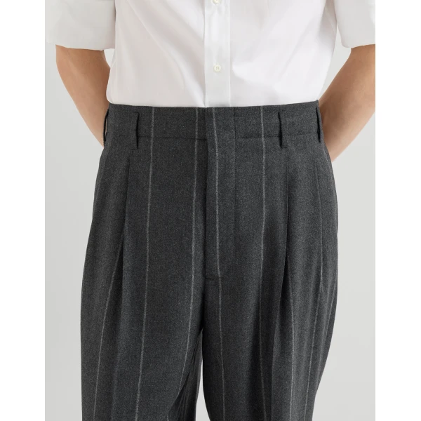 Brunello Cucinelli Chalk stripe flannel trousers in Dark Grey, view 4 | Pants | Coveti