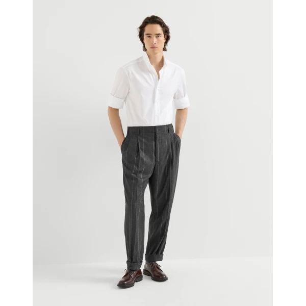 Brunello Cucinelli Chalk stripe flannel trousers in Dark Grey, view 5 | Pants | Coveti