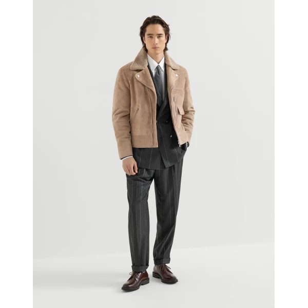 Brunello Cucinelli Chalk stripe flannel trousers in Dark Grey, view 6 | Pants | Coveti