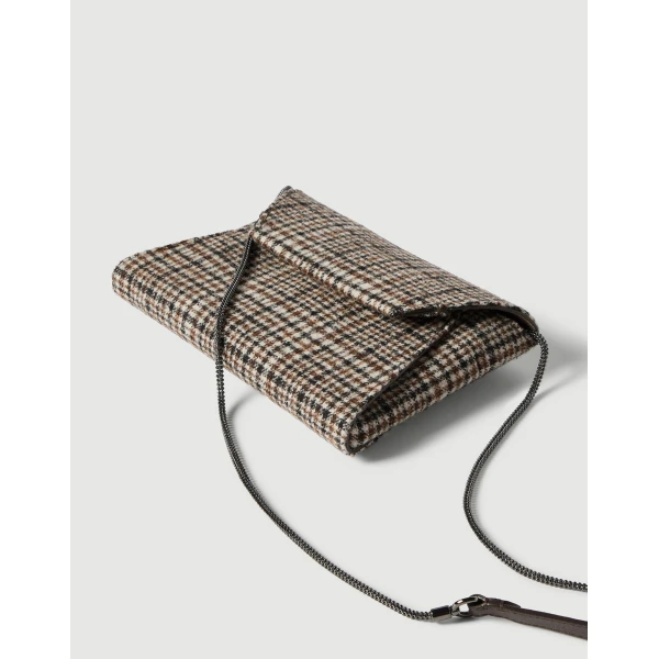 Brunello Cucinelli Checked Duo clutch bag with monili in Brown, view 3 | Clutch Bags | Coveti