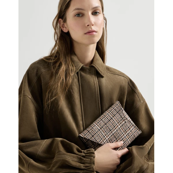 Brunello Cucinelli Checked Duo clutch bag with monili in Brown, view 4 | Clutch Bags | Coveti