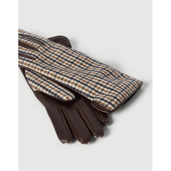 Brunello Cucinelli Checked flannel and leather gloves in Brown, view 2 | Gloves | Coveti