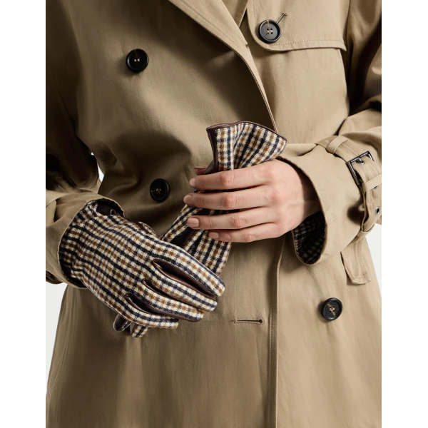 Brunello Cucinelli Checked flannel and leather gloves in Brown, view 3 | Gloves | Coveti