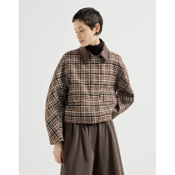 Brunello Cucinelli Checked jacket with leather collar in Brown