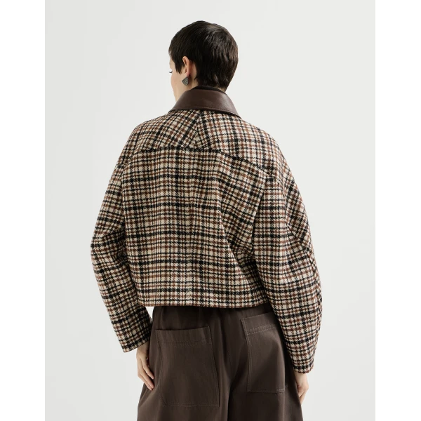 Brunello Cucinelli Checked jacket with leather collar in Brown