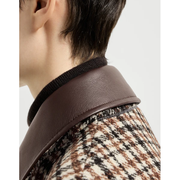 Brunello Cucinelli Checked jacket with leather collar in Brown