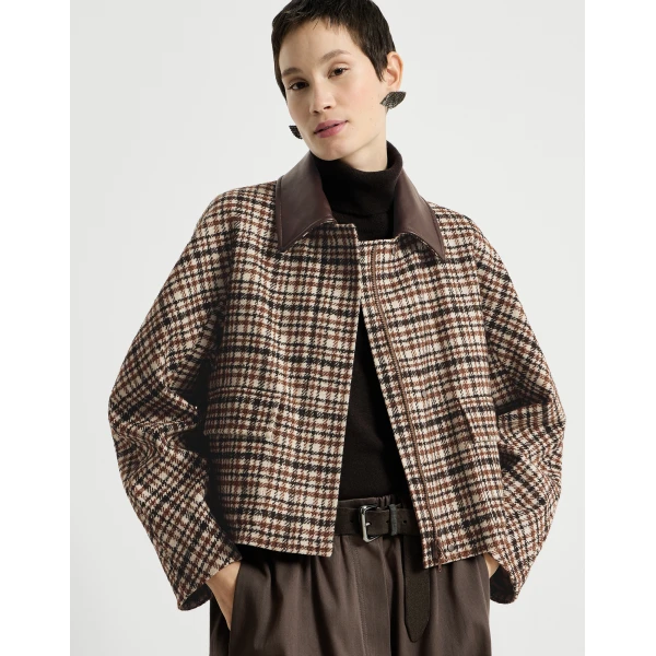 Brunello Cucinelli Checked jacket with leather collar in Brown